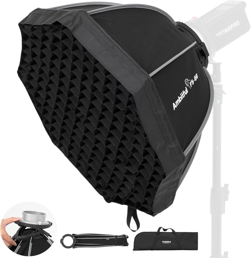 AMBITFUL 60cm/ 24inch Softbox Bowens Mount, Quick Release Octagonal Softbox with Diffusers/Honeycomb Grid/Bag, Photography softbox Compatible with Godox Aputure Video Studio Light (FS60) - Image 1